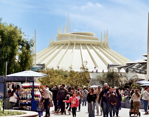 Crowd near Space Mountain ride at Disneyland, California.