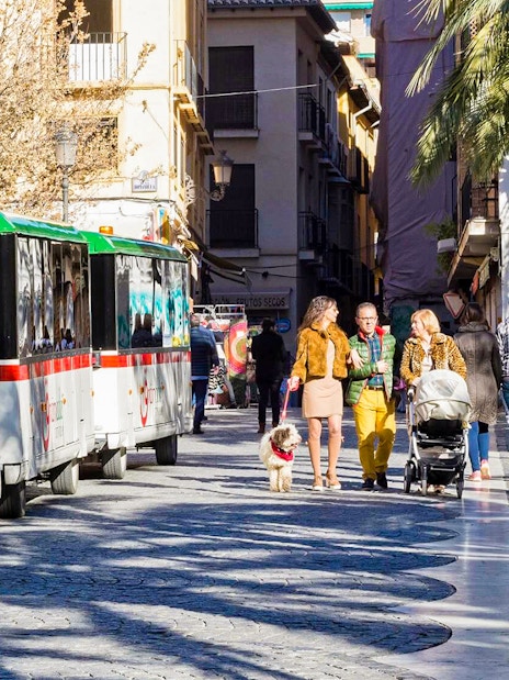 Granada city tour bus on a cobblestone street with people walking nearby.