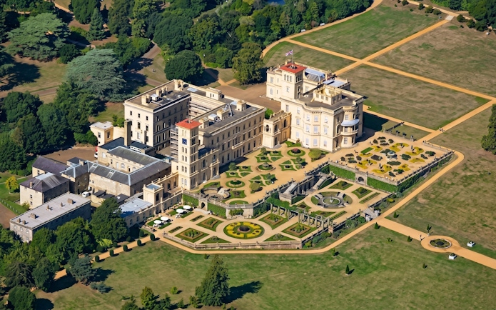 Aerial view of Osborne House with formal gardens on the Isle of Wight, England.