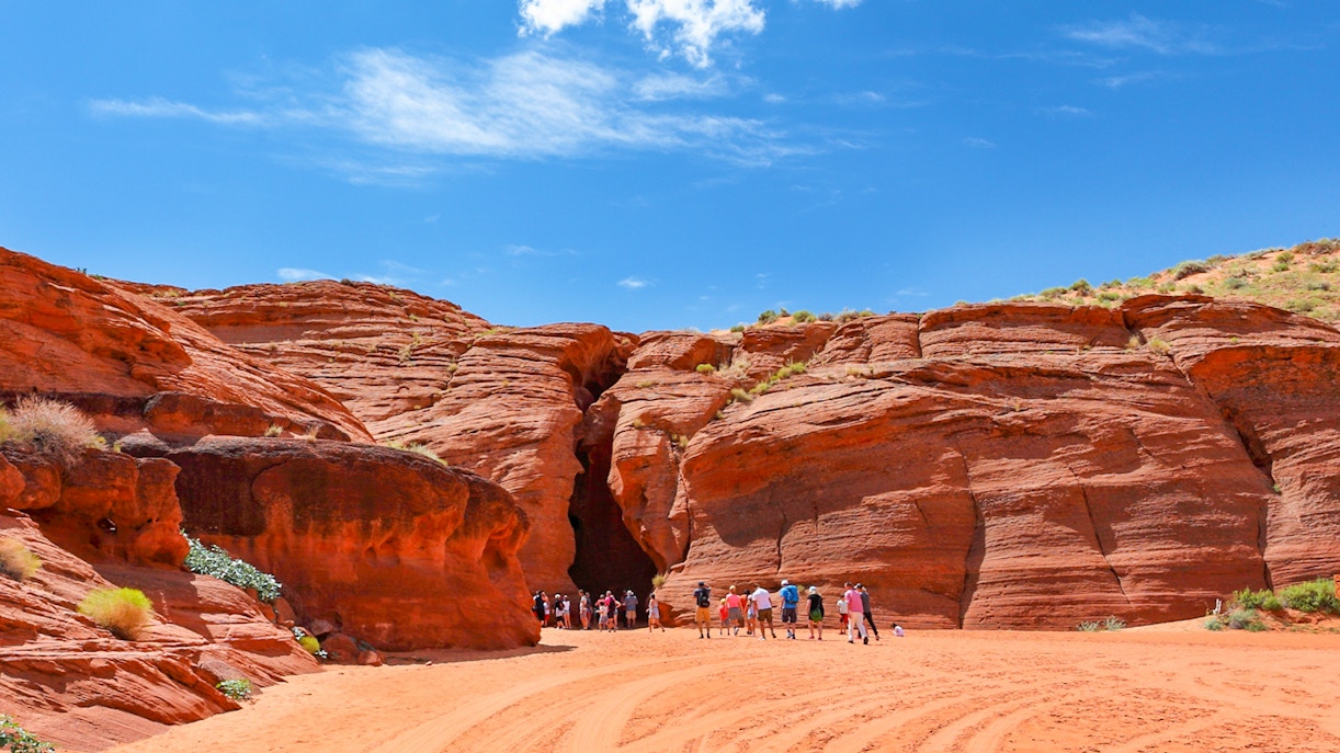 Visitors approaching the entrance of Upper Antelope Slot Canyon, Page, Arizona.