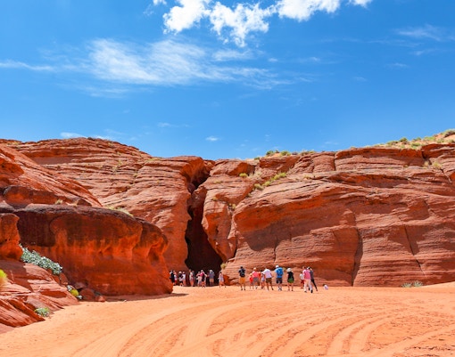 Visitors approaching the entrance of Upper Antelope Slot Canyon, Page, Arizona.