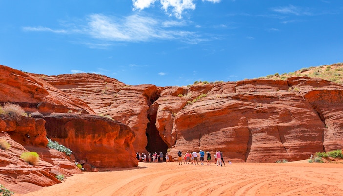 Visitors approaching the entrance of Upper Antelope Slot Canyon, Page, Arizona.
