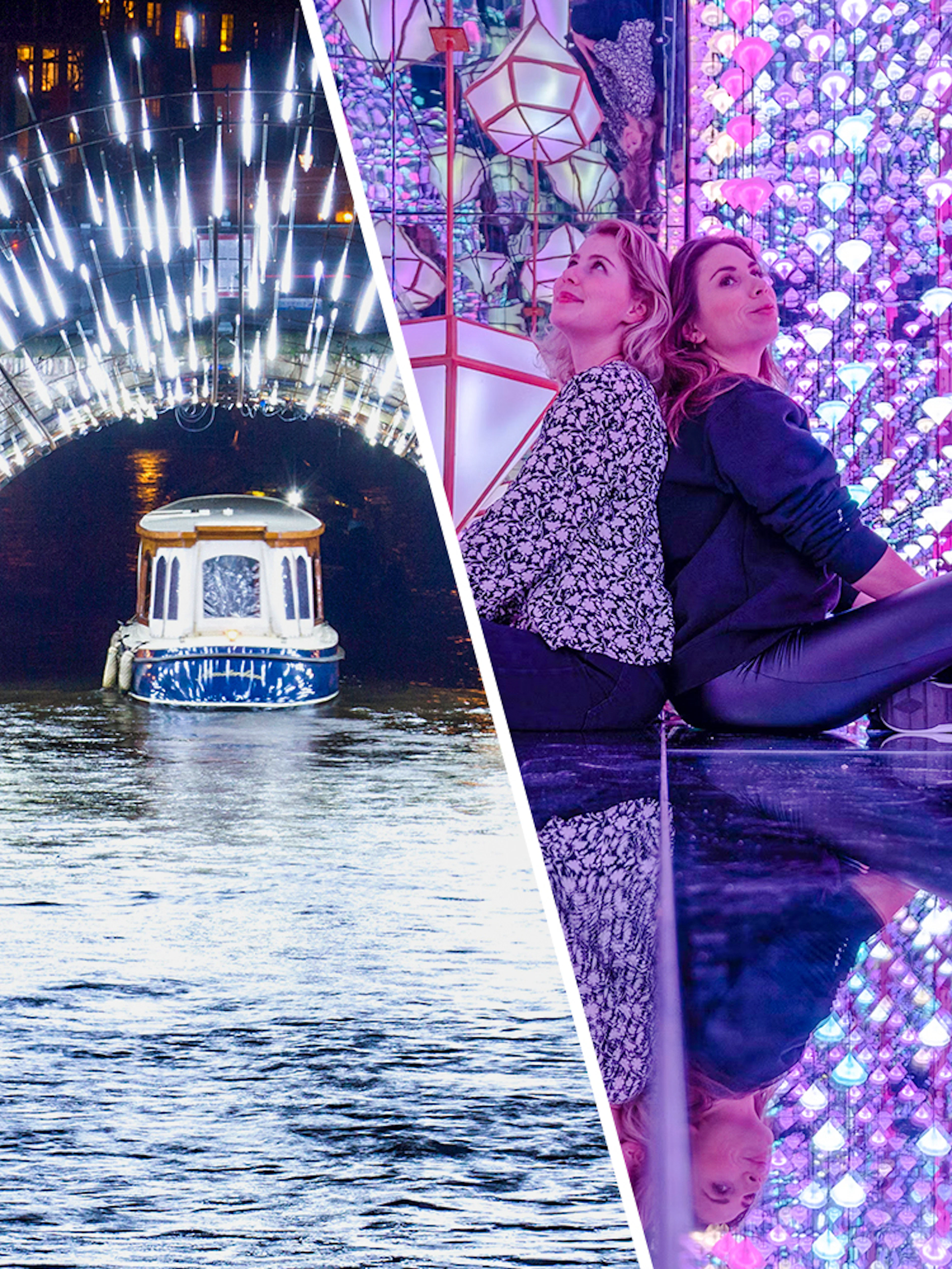 Boat in illuminated tunnel, Amsterdam, Netherlands; women in colorful mirrored room.