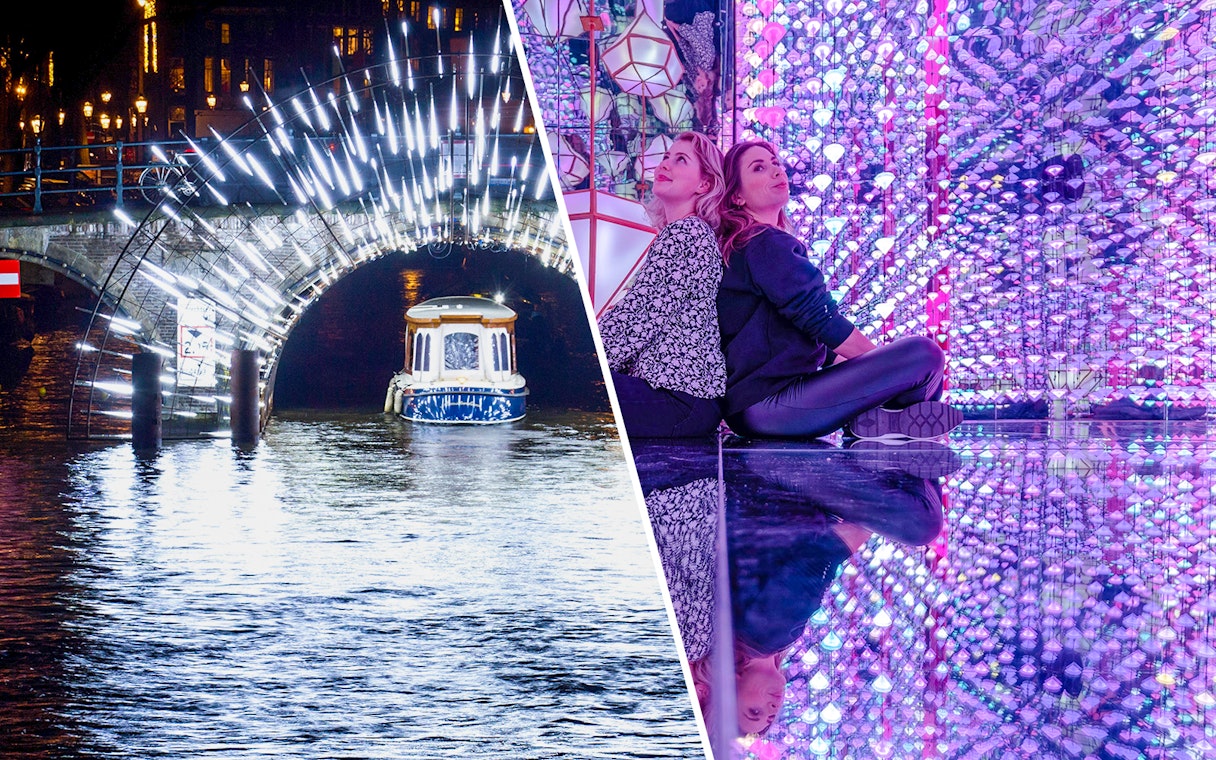 Boat in illuminated tunnel, Amsterdam, Netherlands; women in colorful mirrored room.