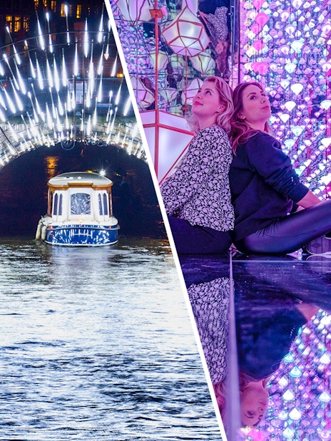 Boat in illuminated tunnel, Amsterdam, Netherlands; women in colorful mirrored room.