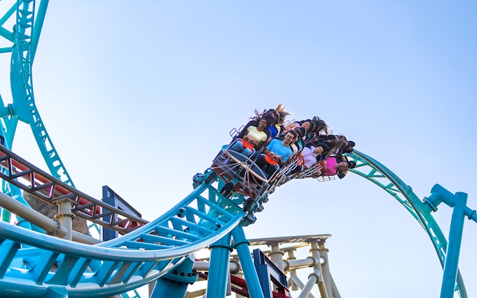 Riders on Alpen Fury rollercoaster at Canada's Wonderland, Six Flags.