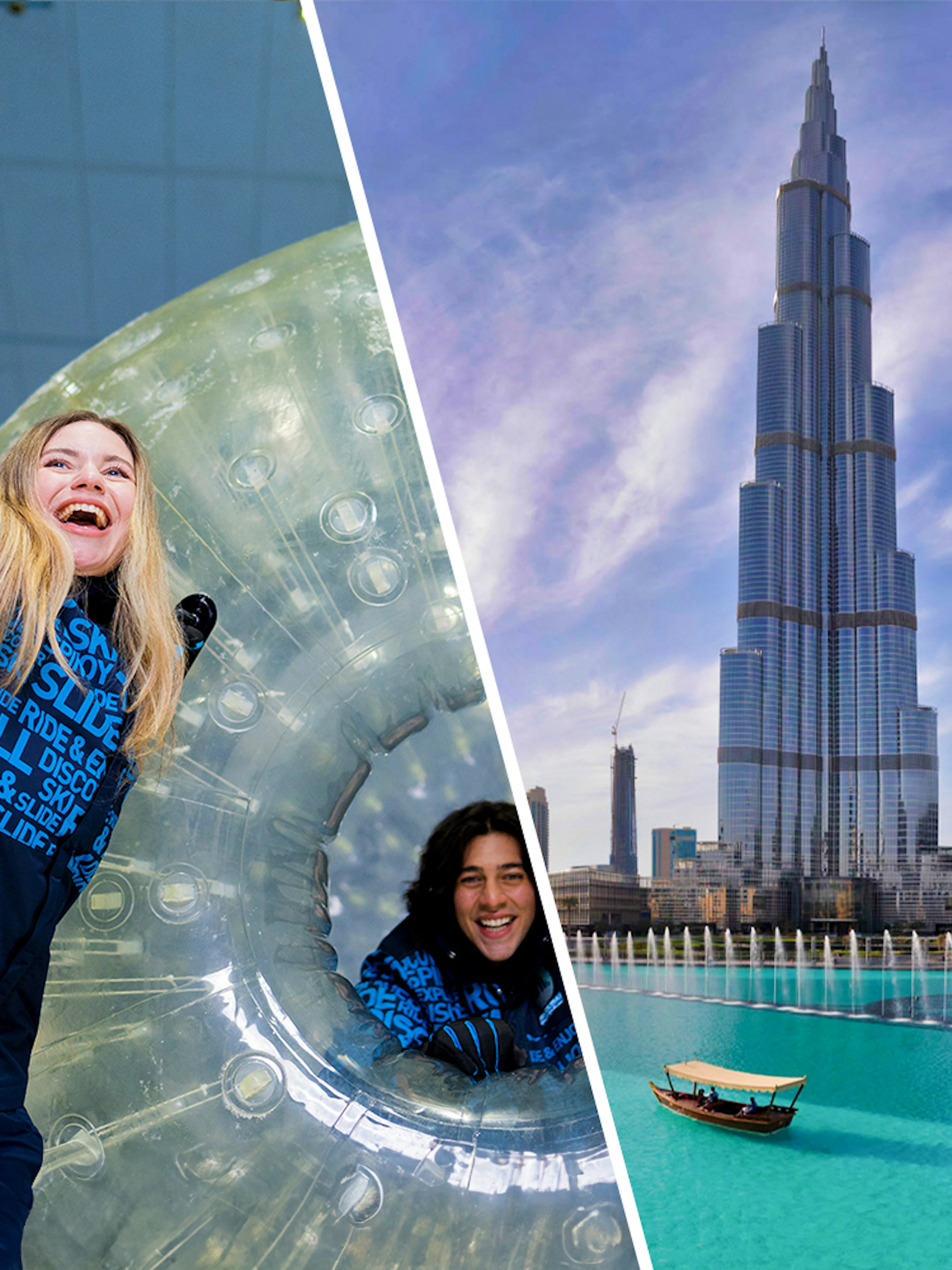 Ski Dubai snow activity and Burj Khalifa view in Dubai.