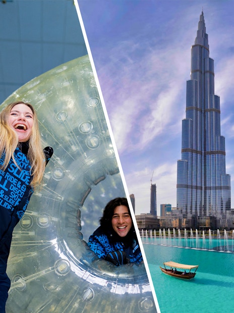 Ski Dubai snow activity and Burj Khalifa view in Dubai.