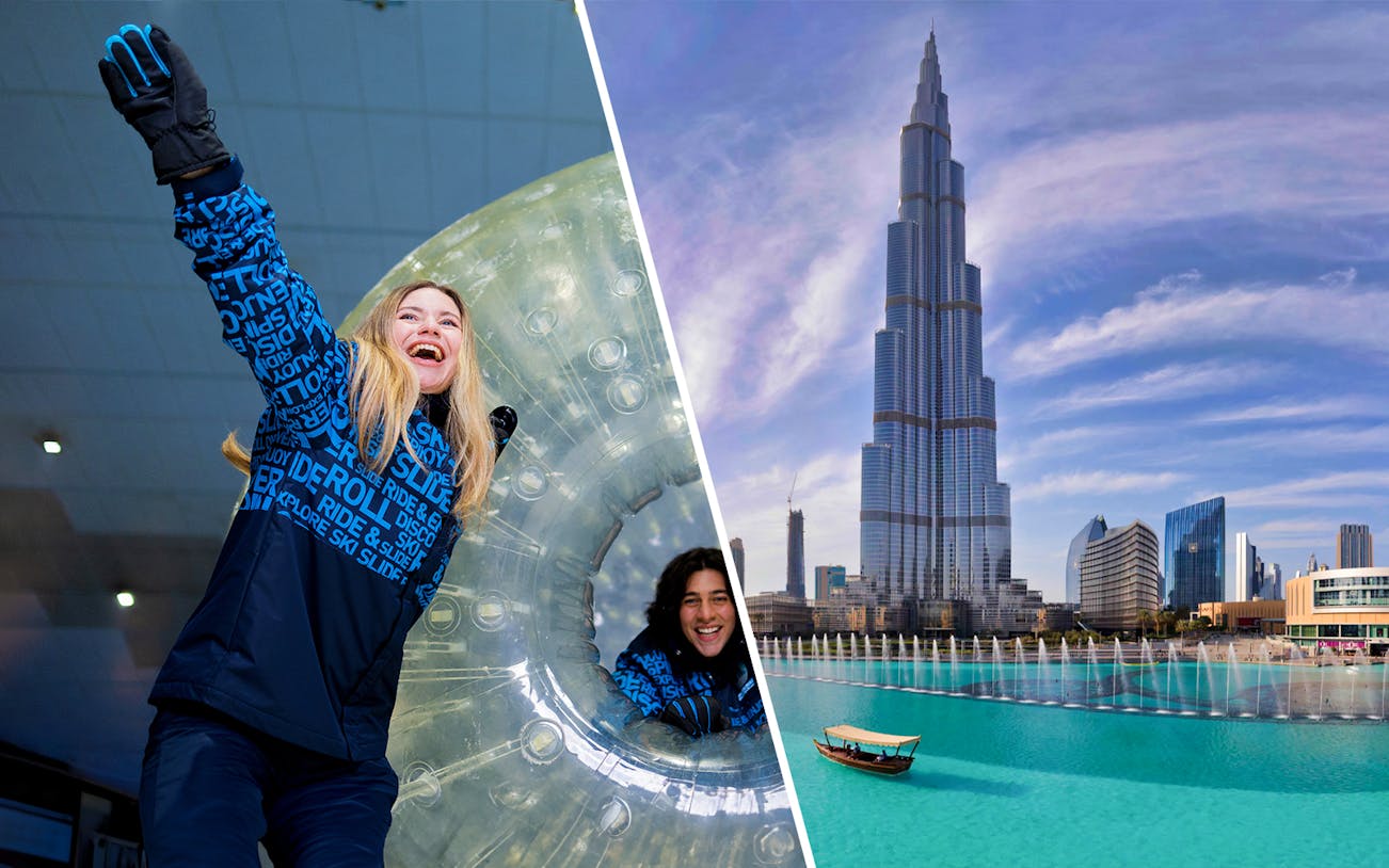 Ski Dubai snow activity and Burj Khalifa view in Dubai.