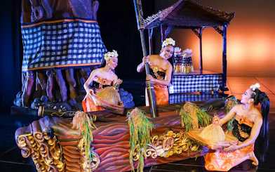 Performers at Devdan Show in Bali, presenting traditional Indonesian dance.