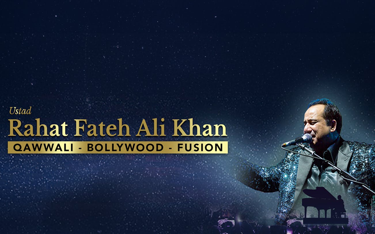 Rahat Fateh Ali Khan performing live at Coca-Cola Arena, featuring Qawwali and Bollywood fusion.