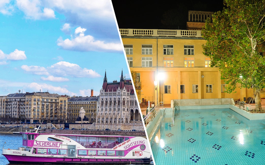 Lukacs Baths pool and Danube sightseeing cruise boat in Budapest.