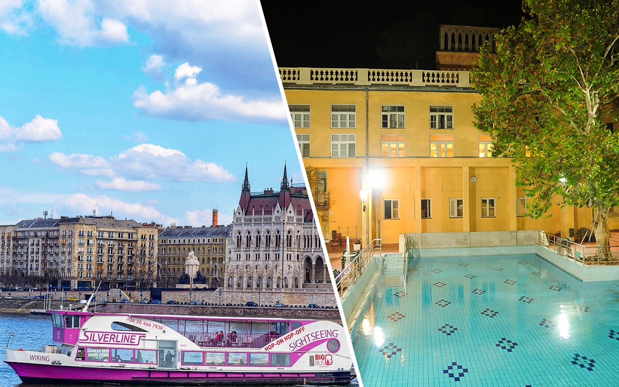 Lukacs Baths pool and Danube sightseeing cruise boat in Budapest.