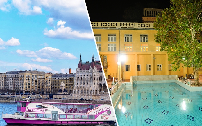 Lukacs Baths pool and Danube sightseeing cruise boat in Budapest.