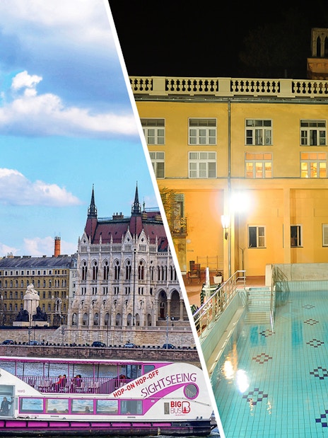 Lukacs Baths pool and Danube sightseeing cruise boat in Budapest.