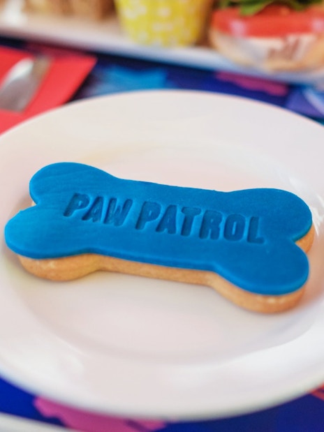 Paw Patrol bone-shaped cookie on Brigit’s Afternoon Tea Bus Tour plate.
