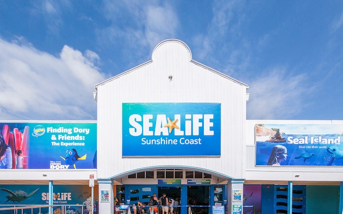 Entrance to SEA LIFE Sunshine Coast with promotional banners for exhibits.