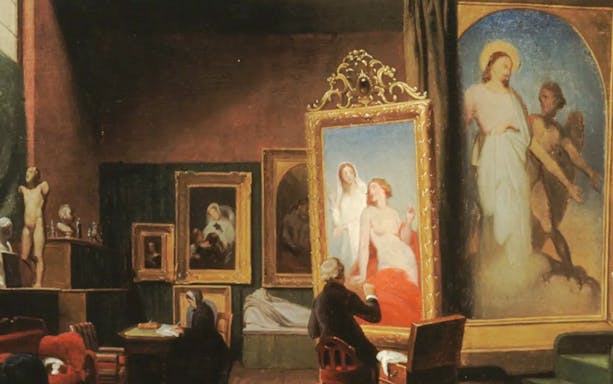 Artist painting in a studio with framed artworks at Musée de la Vie romantique, Paris, France.