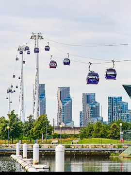 IFS Cloud Cable Car over River Thames with London skyline.