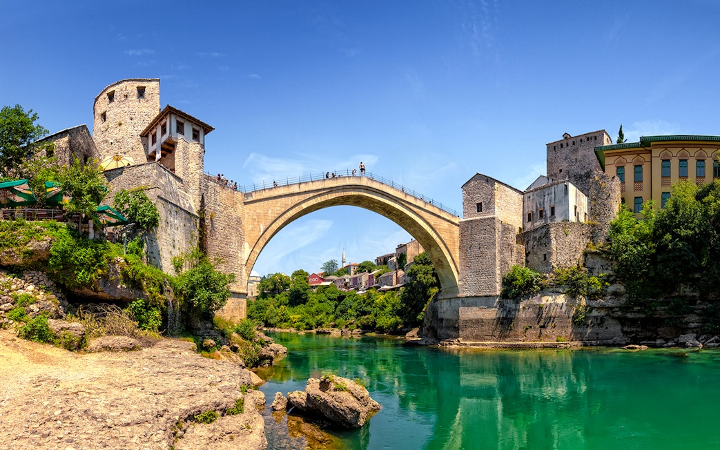 Mostar's Stari Most bridge over Neretva River on guided tour from Split to Trogir.