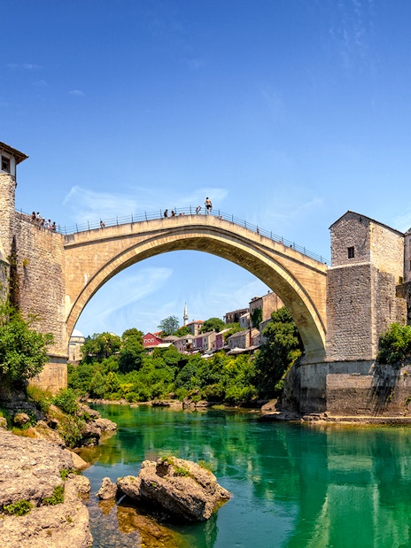 Mostar's Stari Most bridge over Neretva River on guided tour from Split to Trogir.