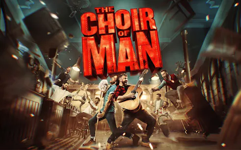 Men performing energetically with instruments in a lively pub setting for The Choir of Man show.