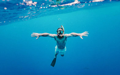 Snorkeler exploring underwater at Kealakekua Bay during catamaran cruise.