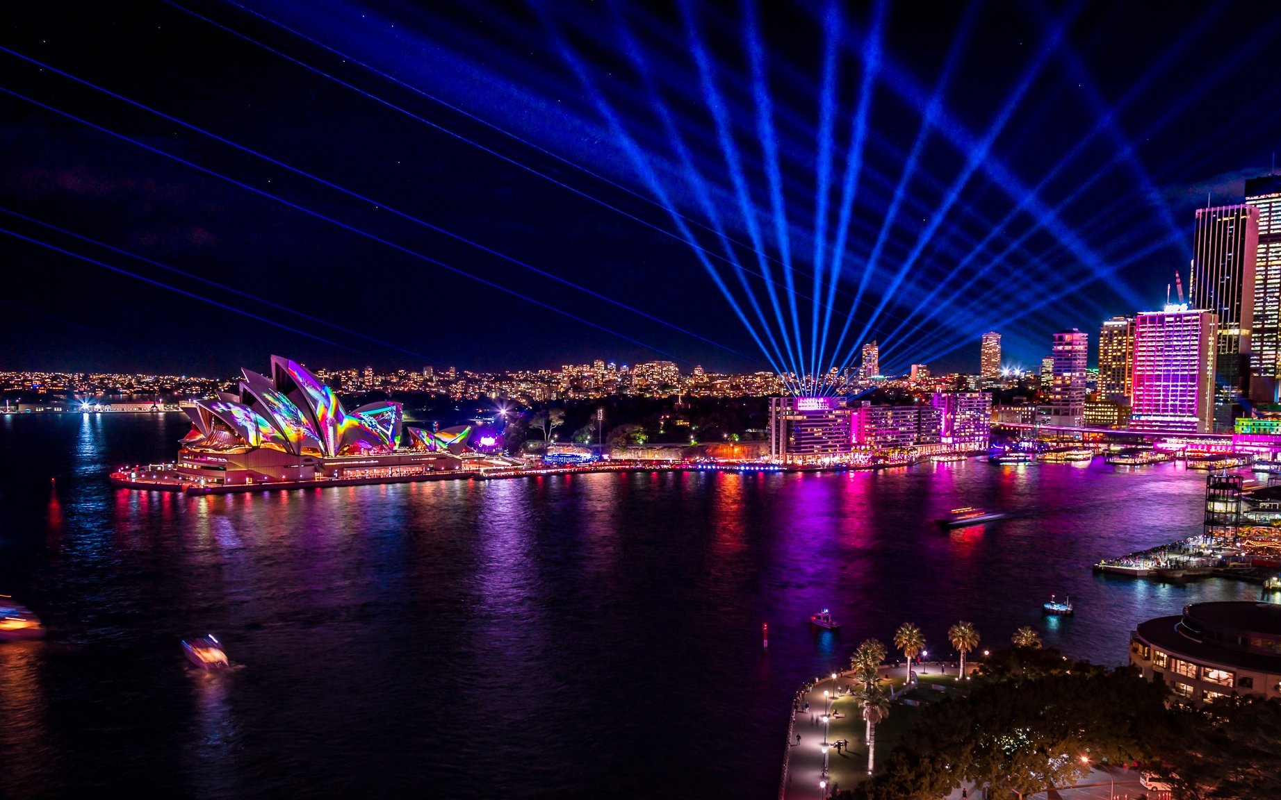Sydney Opera House illuminated during Vivid Sydney festival on a Premium Vivid Cruise.