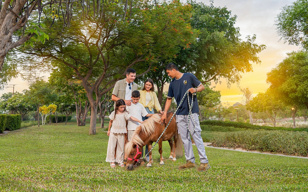 Family interacting with a pony at Al Wadi in Dubai Safari Park.
