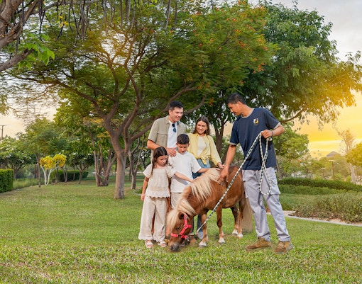 Family interacting with a pony at Al Wadi in Dubai Safari Park.