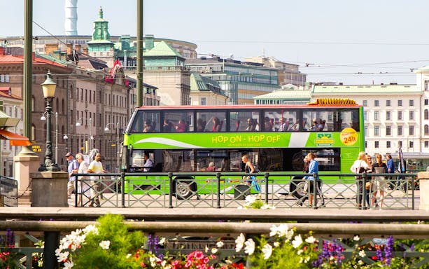 Hop-on hop-off bus in Gothenburg city center, part of Go City All-Inclusive Pass.