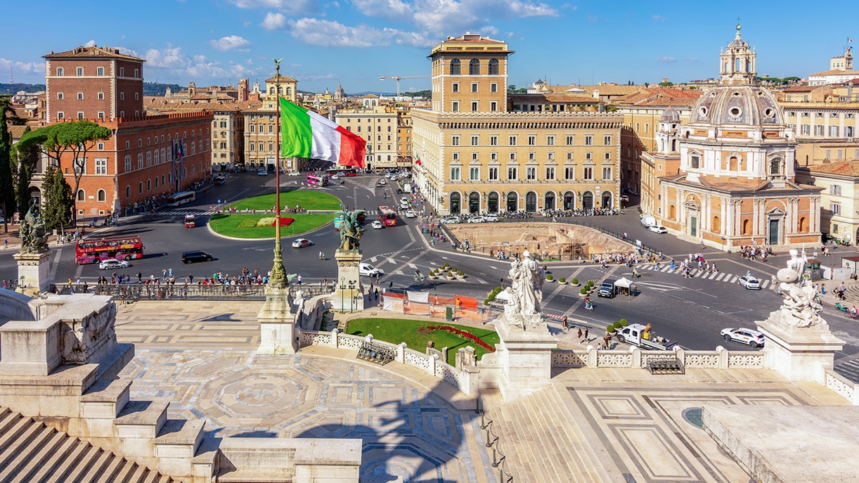 Altare della Patria glass elevator with view of Venice Square, Rome.
