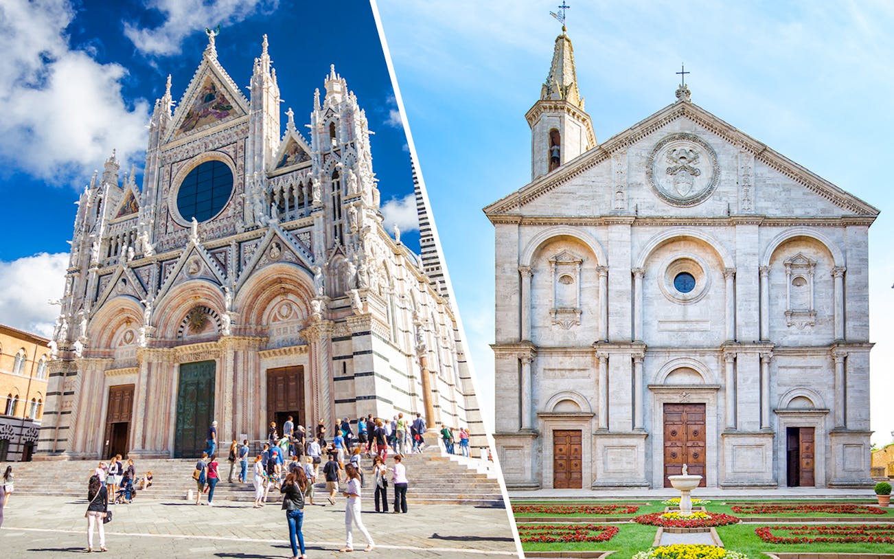 Siena Cathedral facade and San Pietro Museum entrance in Volterra.