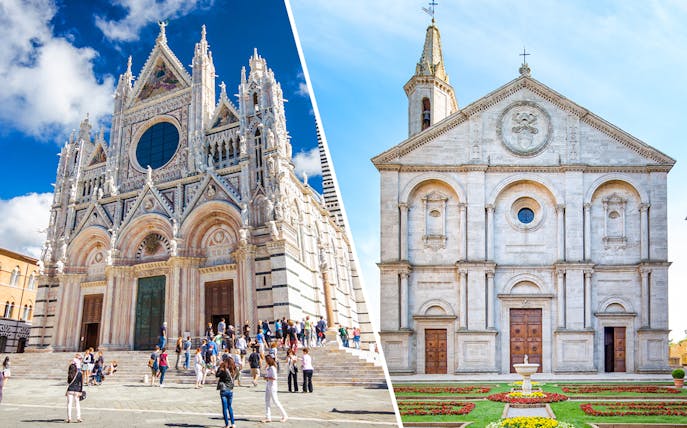 Siena Cathedral facade and San Pietro Museum entrance in Volterra.