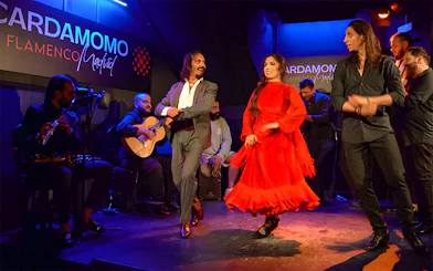 Flamenco dancers performing at Cardamomo in Madrid with musicians on stage.