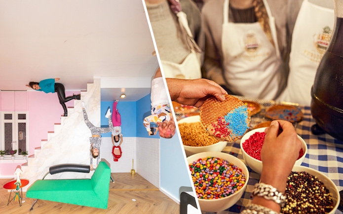 Visitors explore an upside-down house and decorate stroopwafels with sprinkles in Amsterdam.