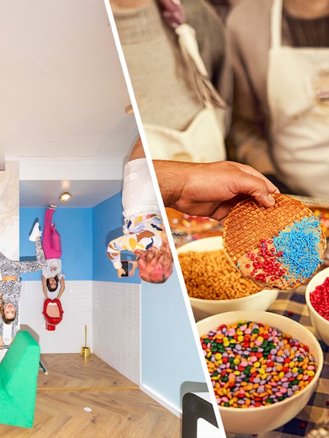 Visitors explore an upside-down house and decorate stroopwafels with sprinkles in Amsterdam.