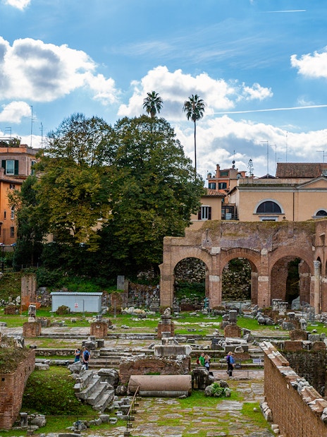 Largo di Torre Argentina ruins with ancient columns and arches in Rome, Italy.