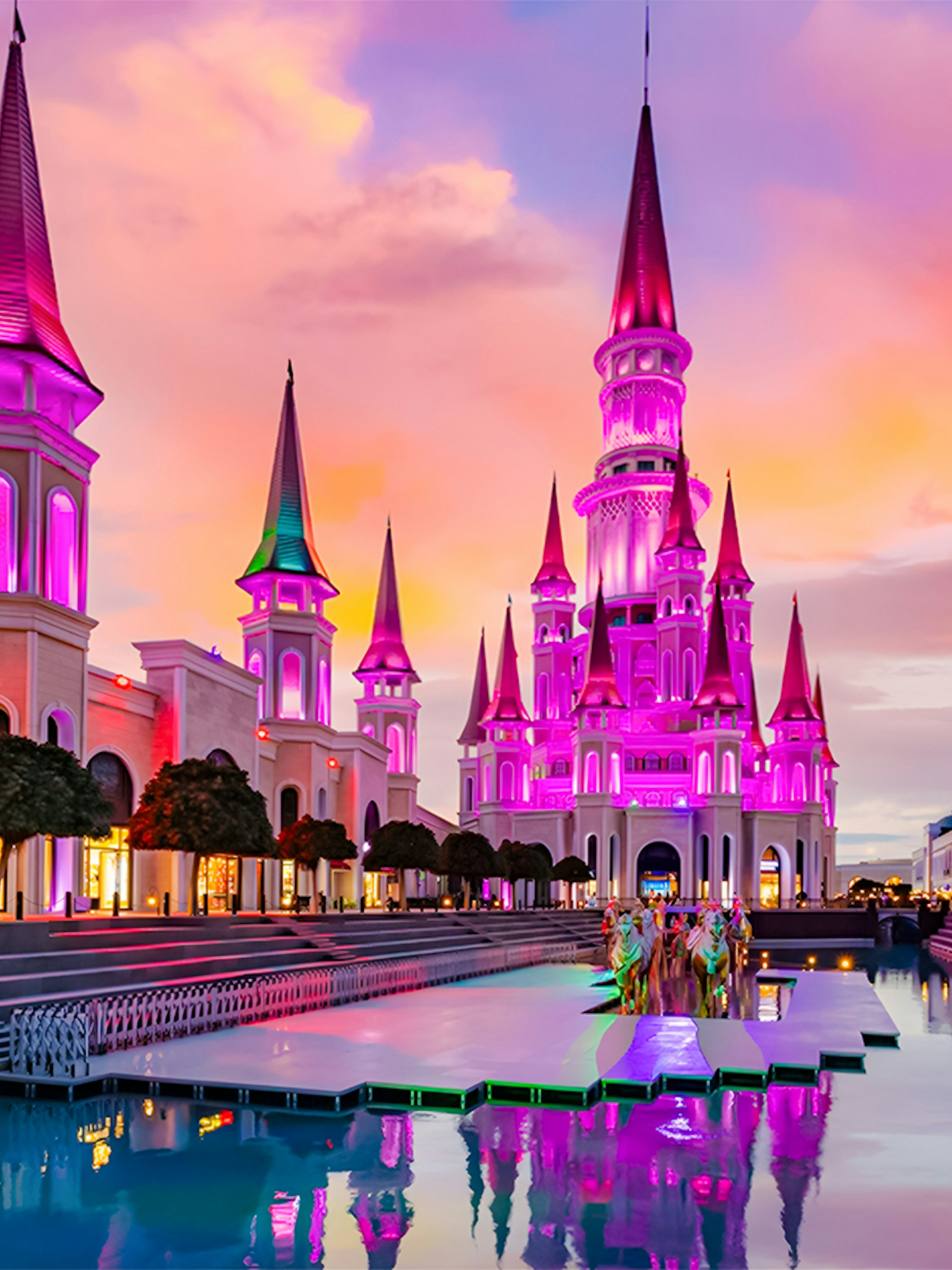 The Land of Legends theme park illuminated at sunset with vibrant colors.