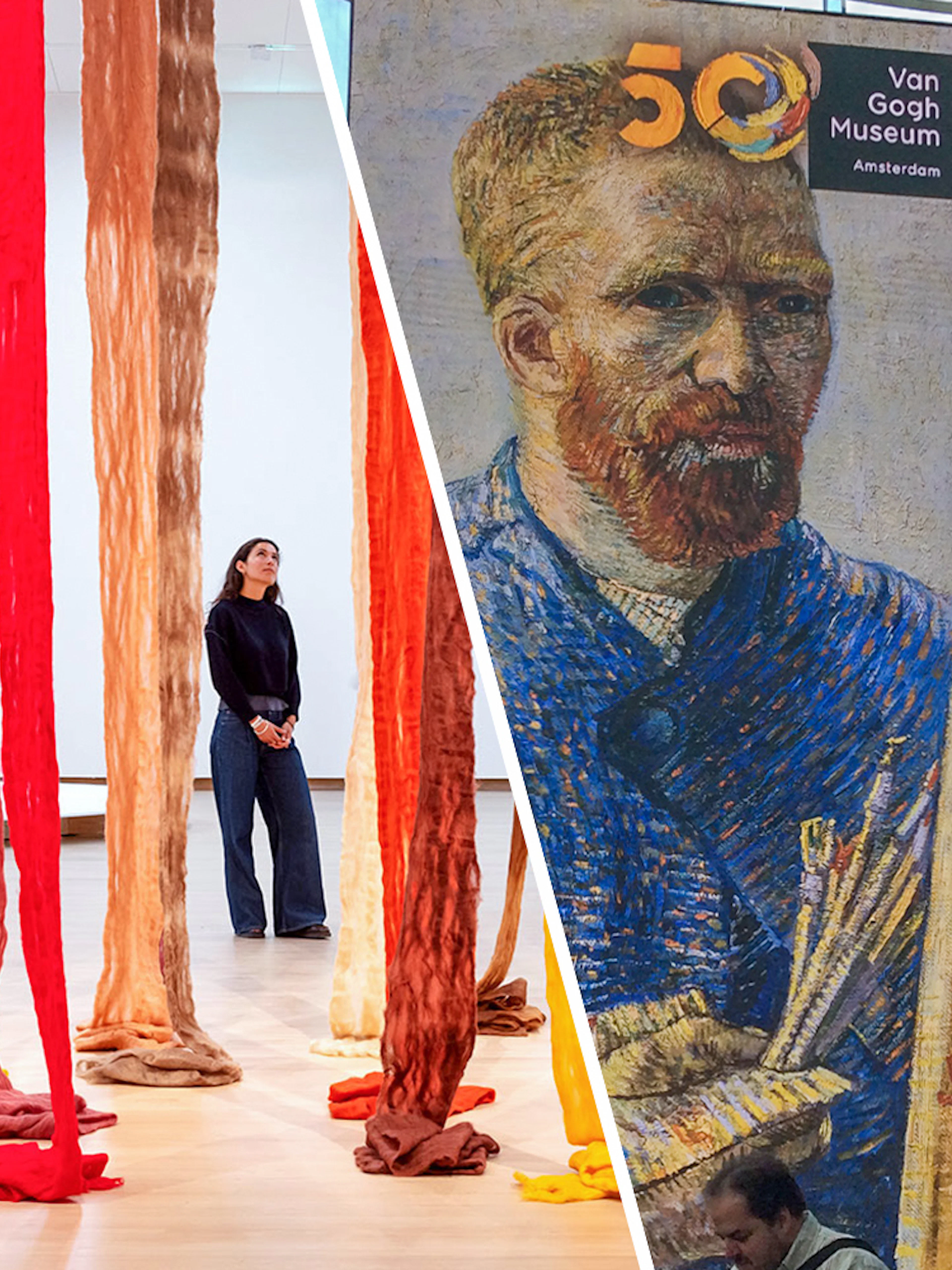 Stedelijk Museum installation with colorful fabric and Van Gogh Museum banner in Amsterdam.