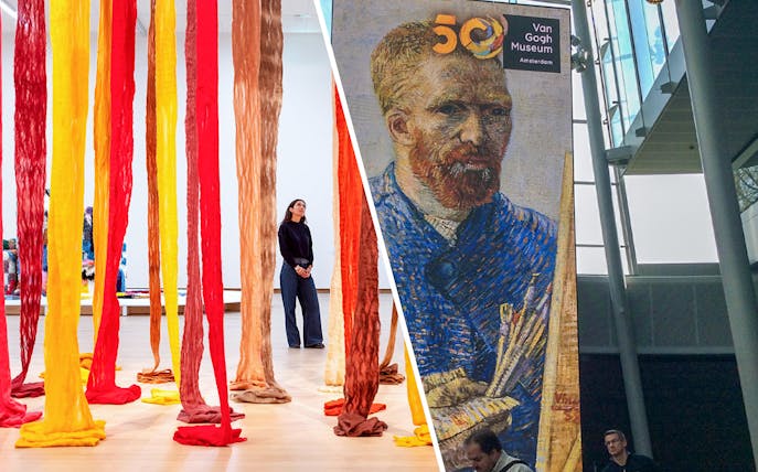 Stedelijk Museum installation with colorful fabric and Van Gogh Museum banner in Amsterdam.