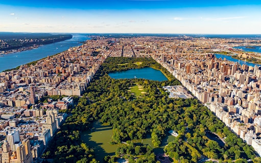 Aerial view of Central Park and Manhattan skyline, NYC, for private tour from Westchester.