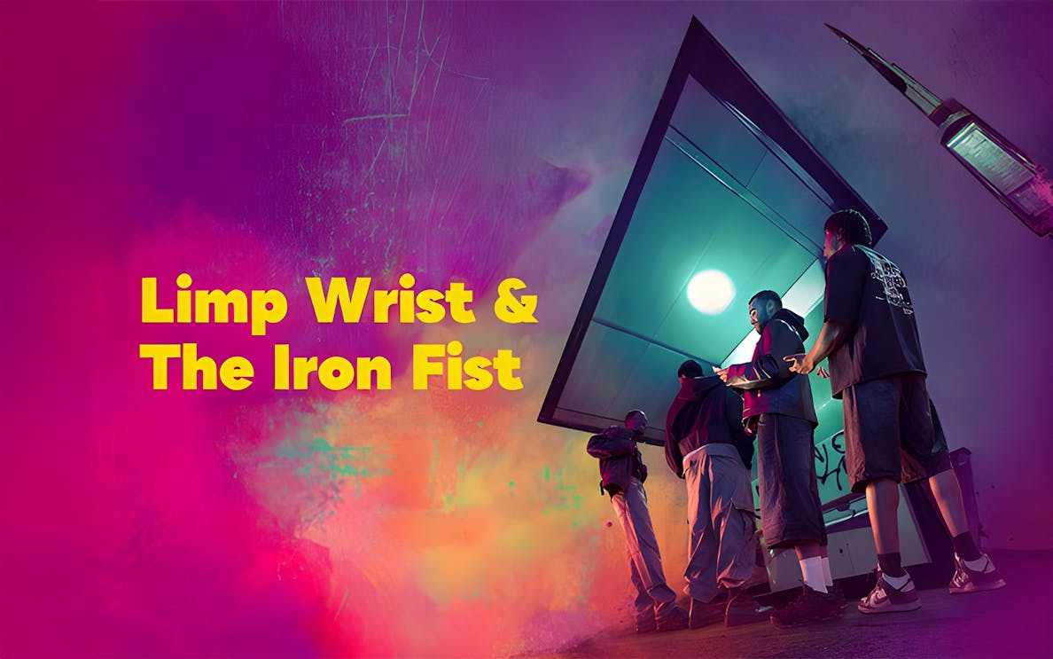 Group of people under a neon-lit structure with "Limp Wrist & The Iron Fist" text.