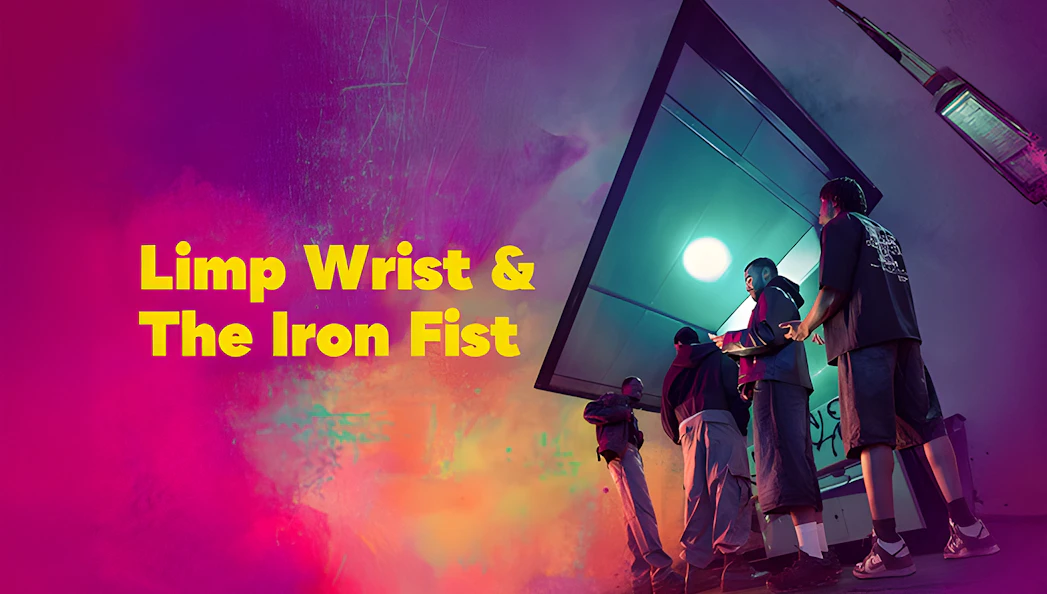 Group of people under a neon-lit structure with "Limp Wrist & The Iron Fist" text.