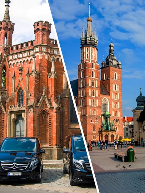 Krakow airport transfer vans and historic city landmarks, including St. Mary's Basilica and Cloth Hall.