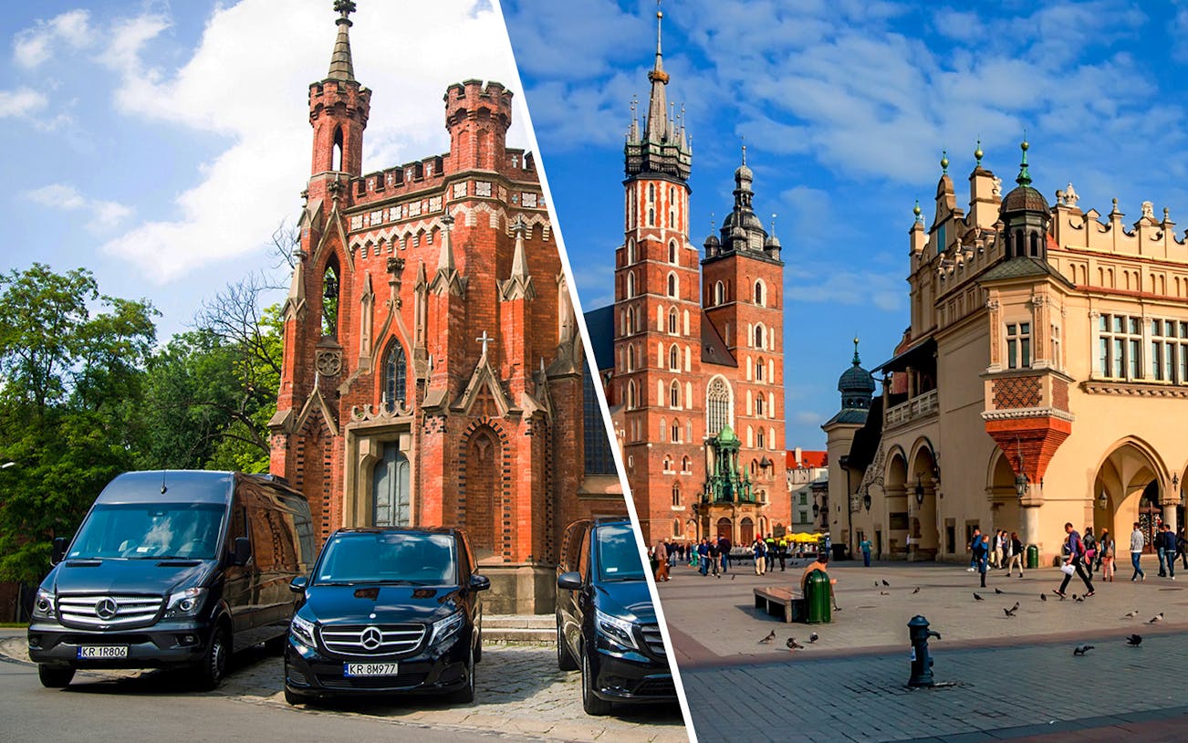 Krakow airport transfer vans and historic city landmarks, including St. Mary's Basilica and Cloth Hall.