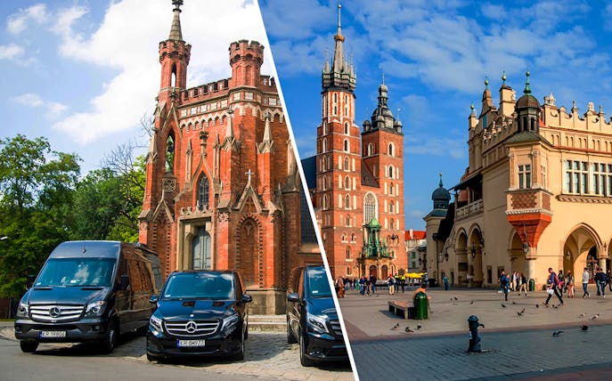 Krakow airport transfer vans and historic city landmarks, including St. Mary's Basilica and Cloth Hall.