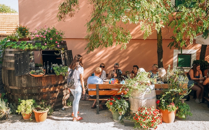 Group enjoying wine tasting at Krka National Park, Croatia, seated outdoors near a rustic barrel.