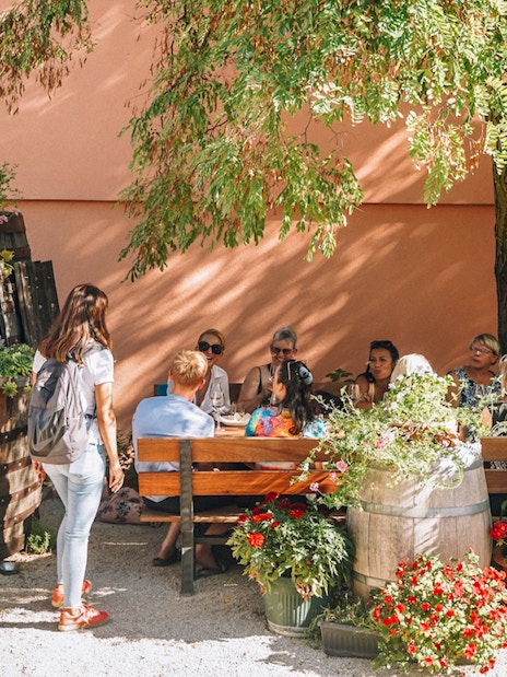 Group enjoying wine tasting at Krka National Park, Croatia, seated outdoors near a rustic barrel.
