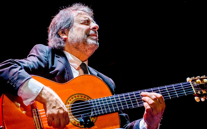 Flamenco guitarist performing at Esencia espectáculo flamenco.